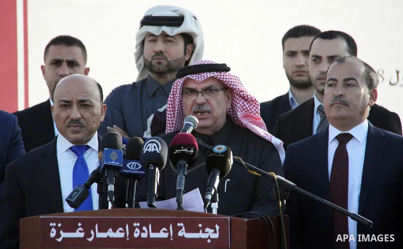 Qatar's Ambassador to the Palestinian Authority, Mohammed Al Emadi speaks during the opening ceremony of rebuild Al-Rashid street project, funded by Qatar, in Gaza city, on February 24, 2018. Photo by Mahmoud Ajour