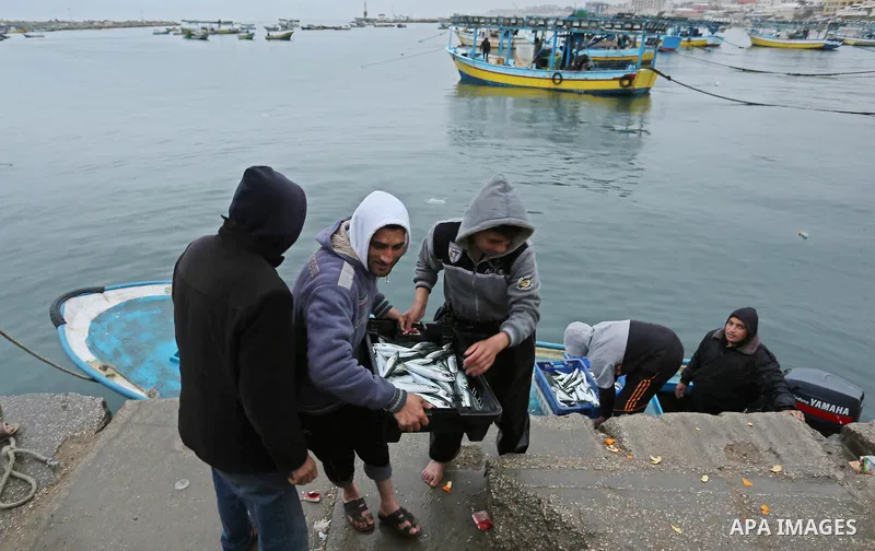 Palestinian fishermen collect fish from nets at the port in Gaza City on February 26, 2018. A spokeswoman for the Israeli army said the boat "deviated from the designated fishing zone in the northern Gaza Strip. "Naval f...