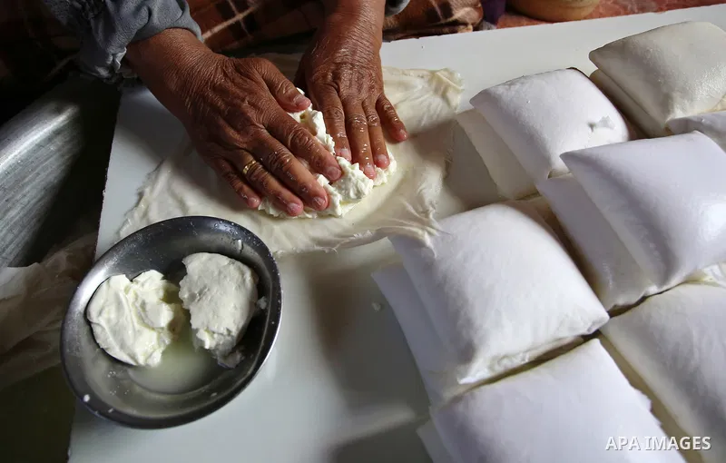 An elderly Palestinian woman Hayat Zeid , 80, makes templates of white cheese inside her home, in Kfairet village near the West Bank city of Jenin, on Febraruy 24, 2018. Hayat has been making cheese from sheep milk since...