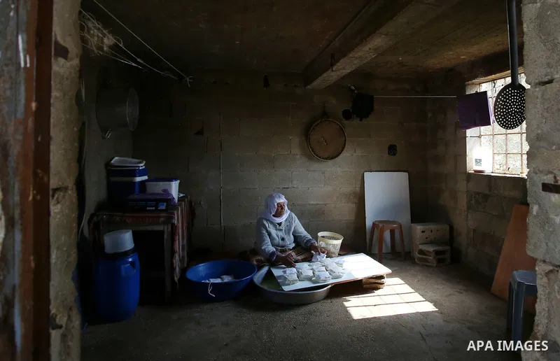 An elderly Palestinian woman Hayat Zeid , 80, makes templates of white cheese inside her home, in Kfairet village near the West Bank city of Jenin, on Febraruy 24, 2018. Hayat has been making cheese from sheep milk since...