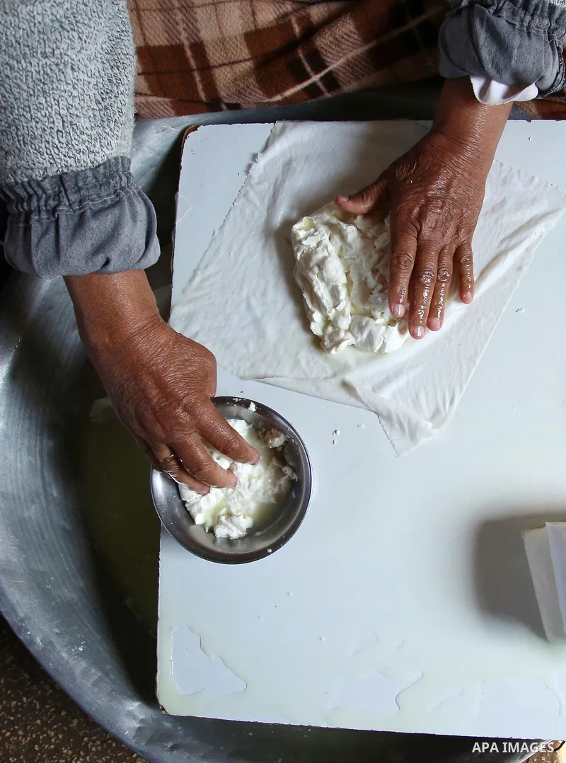An elderly Palestinian woman Hayat Zeid , 80, makes templates of white cheese inside her home, in Kfairet village near the West Bank city of Jenin, on Febraruy 24, 2018. Hayat has been making cheese from sheep milk since...