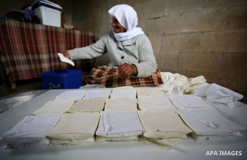 An elderly Palestinian woman Hayat Zeid , 80, makes templates of white cheese inside her home, in Kfairet village near the West Bank city of Jenin, on Febraruy 24, 2018. Hayat has been making cheese from sheep milk since...