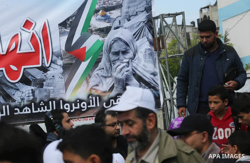 Palestinian students of United Nations-run schools take part in a protest against a U.S. decision to cut aid, in Khan Younis in the southern Gaza Strip February 27, 2018. Photo by Ashraf Amra