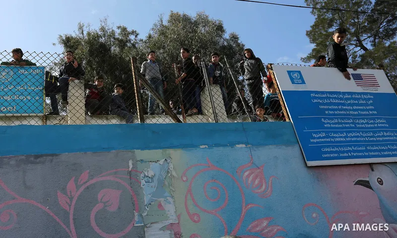 Palestinian students of United Nations-run schools take part in a protest against a U.S. decision to cut aid, in Khan Younis in the southern Gaza Strip February 27, 2018. Photo by Ashraf Amra