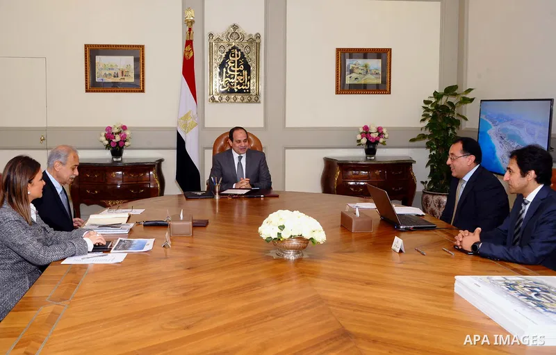 Egyptian President Abdel Fattah al-Sisi meets with Prime Minister Sharif Ismail and Minister of Investment and International Cooperation, Minister of Development and Minister of housing, in Cairo, Egypt on February 27, 2...