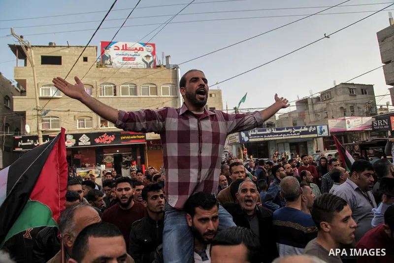 Palestinians participate in a demonstration to support the palestinian reconciliation efforts between Fatah and Hamas, and demand better living conditions, in Jabalia in the northern Gaza Strip on February 01, 2018. Phot...