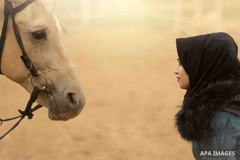 A trust look between a woman and her white horse. Photo by Sanad Ltefa