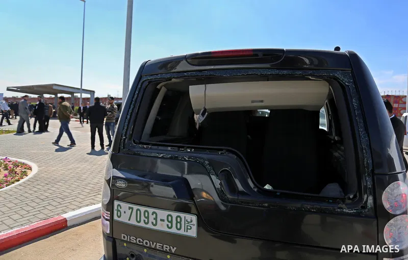 A damaged vehicle of the convoy of Palestinian Prime Minister Rami Hamdallah is seen after an explosion in the northern Gaza Strip March 13, 2018. Hamdallah cut short a rare visit to Gaza on Tuesday after an explosion ta...