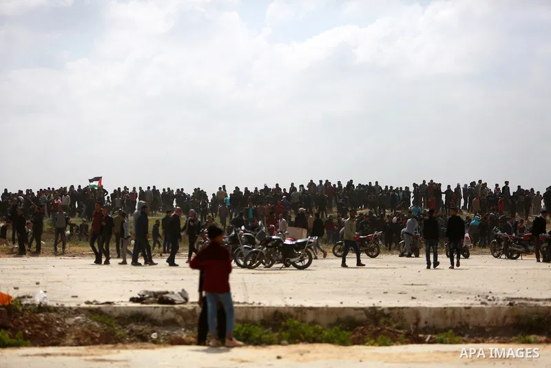 Palestinians take part in a tent city protest along the Israel border with Gaza, demanding the right to return to their homeland, east of Gaza City March 30, 2018. Photo by Mohammed Dahman