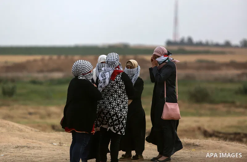 Palestinians take part in a tent city protest along the Israel border with Gaza, demanding the right to return to their homeland, in the east of Gaza city on April 3, 2018. Photo by Mohammed Dahman