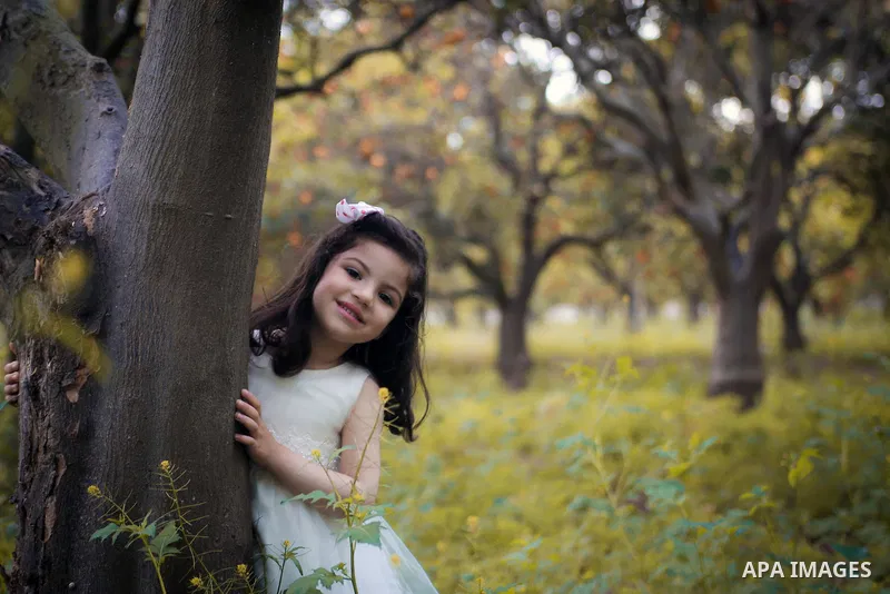 A pretty girl collects oranges at a field. Photo by Mahmoud Khattab