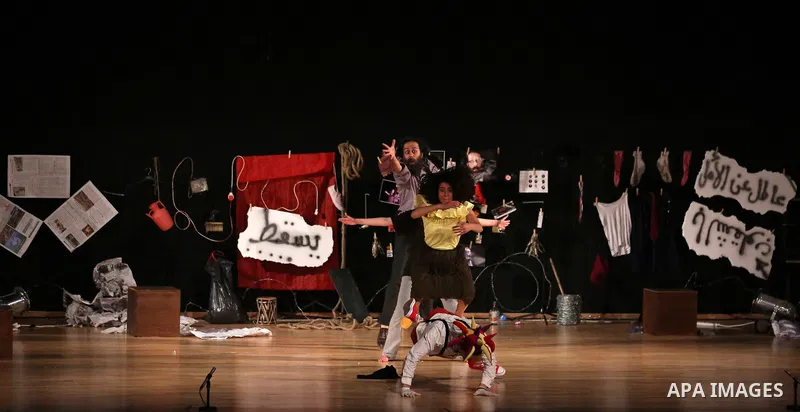Members of Palestinian band Rasael Theatre perform during the Nablus Festival of Culture and Arts, in the West Bank city of Nablus, on April 17, 2018. Photo by Shadi Jarar'ah
