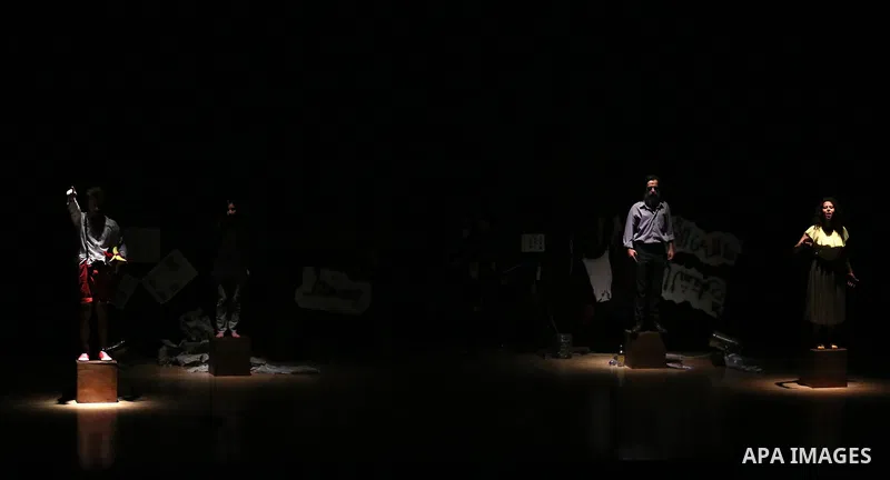 Members of Palestinian band Rasael Theatre perform during the Nablus Festival of Culture and Arts, in the West Bank city of Nablus, on April 17, 2018. Photo by Shadi Jarar'ah