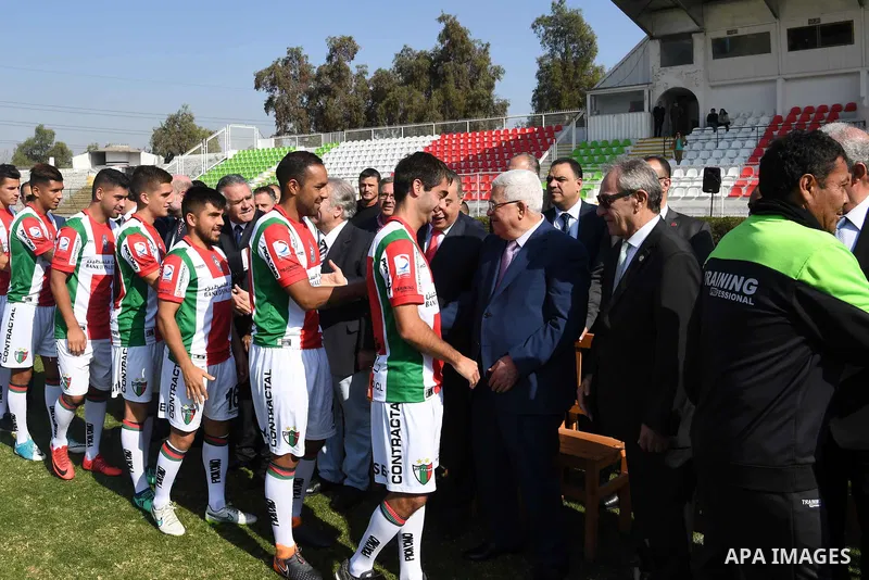 Palestinian President Mahmoud Abbas visits the stadium of Chilean football club "Palestino", in Santiago, on May 10, 2018. Photo by Thaer Ganaim