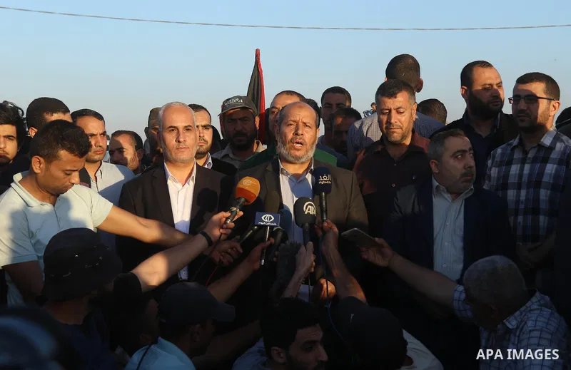 Senior Hamas leader Khalil al-Hayah speaks during a press conference at Israel-Gaza border, in east of Gaza city on May 14, 2018. Israeli forces killed 52 Palestinians as clashes erupted over the controversial inaugurati...