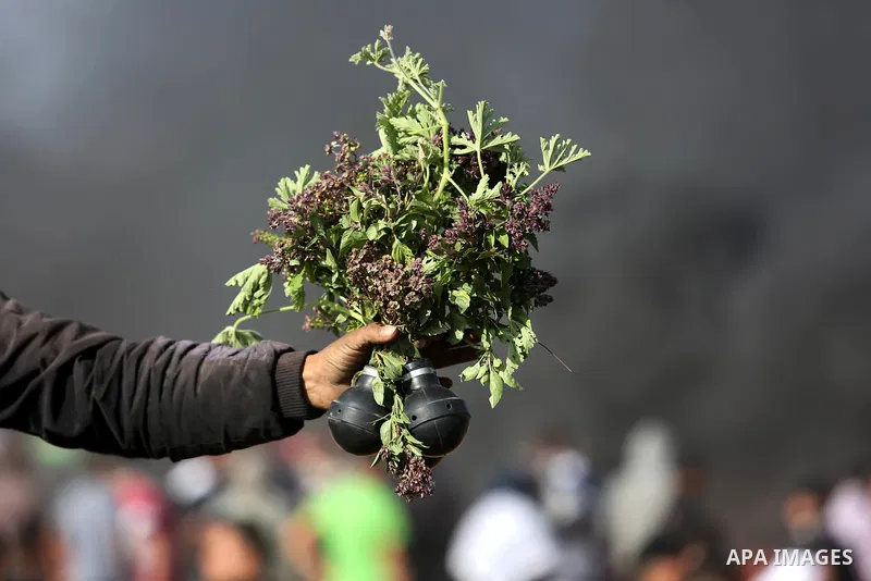 Palestinian protesters gather during clashes with Israeli security froces in a tent city protest where Palestinians demand the right to return to their homeland, on the occasion of the 70th anniversary of the "Nakba", an...