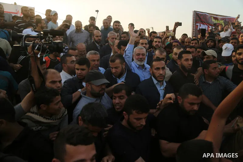 Palestinian Hamas Chief Ismail Haniyeh gestures during tents protest where Palestinians demanding the right to return to their homeland, at the Israel-Gaza border, in east of Gaza city, on May 18, 2018. Photo by Dawoud A...