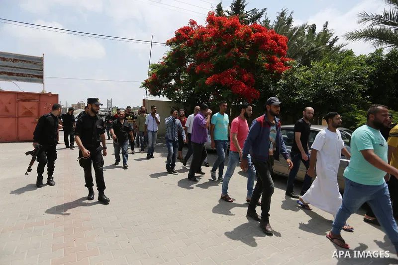 Palestinian prisoners leave the prison run by the Ministry of the Interior and National Security in Gaza Strip, in Dair Al Balah in the center of Gaza Strip on June 7, 2018. Security officials in Gaza Strip said on Thurs...
