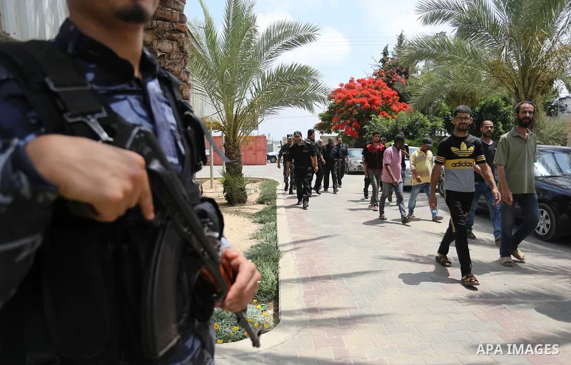 Palestinian prisoners leave the prison run by the Ministry of the Interior and National Security in Gaza Strip, in Dair Al Balah in the center of Gaza Strip on June 7, 2018. Security officials in Gaza Strip said on Thurs...