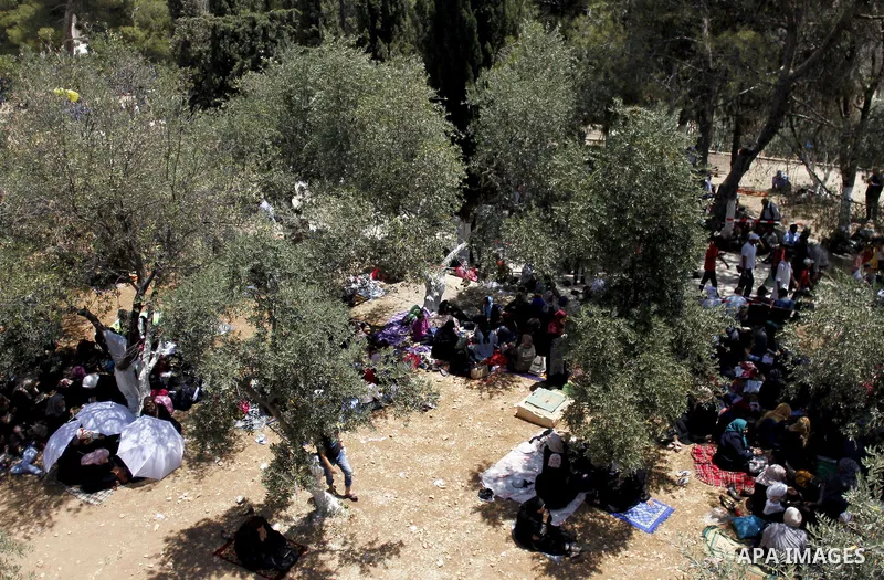 Palestinians gather to perform the last Friday prayers of the Muslim holy month of Ramadan at the Aqsa mosque compound in the old city of Jerusalem on June 8, 2018. Photo by Muammar Awad