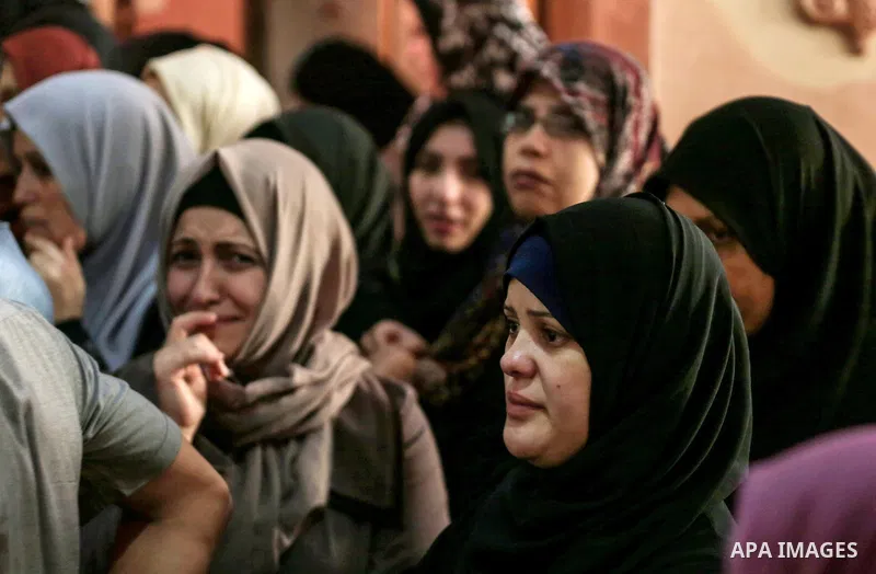 Palestinian relatives mourn during the funeral of Yussef al-Faseeh, 29, who was shot dead by Israeli troops during clashes at Israel-Gaza border, in Gaza city on on 9, 2018. Four Palestinians were killed by Israeli fire...