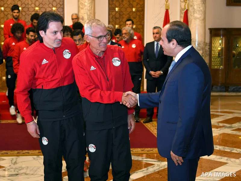Egyptian President Abdel Fattah al-Sisi meets with Egypt's national football team before travelling to Russia to attend World Cup at the Ittihadiya presidential palace in Cairo, Egypt, June 9, 2018. Photo by Egyptian Pre...