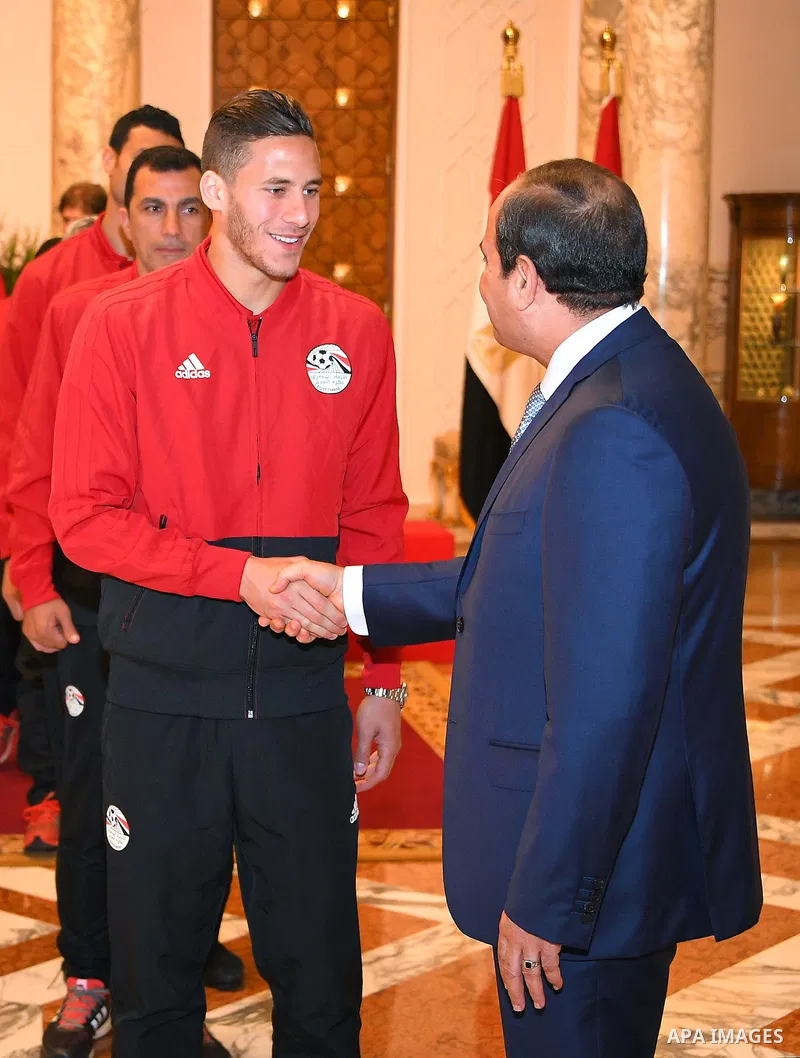 Egyptian President Abdel Fattah al-Sisi meets with Egypt's national football team before travelling to Russia to attend World Cup at the Ittihadiya presidential palace in Cairo, Egypt, June 9, 2018. Photo by Egyptian Pre...