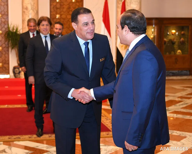 Egyptian President Abdel Fattah al-Sisi meets with Egypt's national football team before travelling to Russia to attend World Cup at the Ittihadiya presidential palace in Cairo, Egypt, June 9, 2018. Photo by Egyptian Pre...