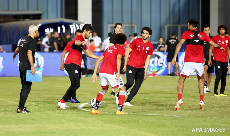 Egypt's national team football players participate the final training session before travelling to Russia to attend World Cup at Cairo international stadium in Cairo on June 9, 2018. Photo by Stringer