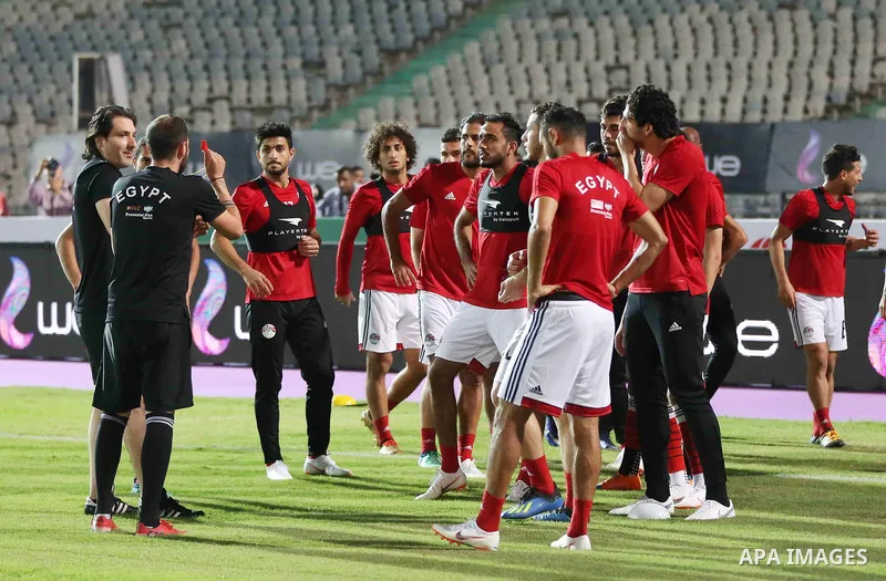 Egypt's national team football players participate the final training session before travelling to Russia to attend World Cup at Cairo international stadium in Cairo on June 9, 2018. Photo by Stringer