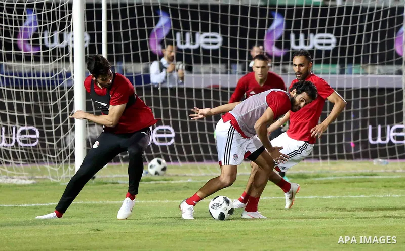 Egypt's national team football players participate the final training session before travelling to Russia to attend World Cup at Cairo international stadium in Cairo on June 9, 2018. Photo by Stringer