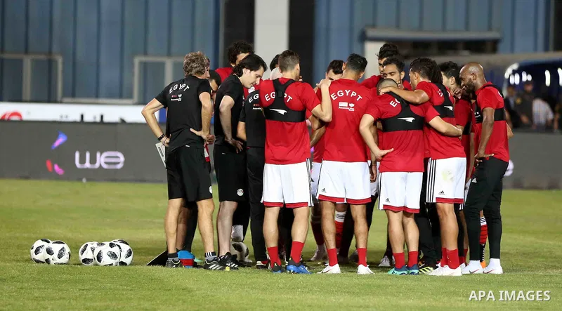 Egypt's national team football players participate the final training session before travelling to Russia to attend World Cup at Cairo international stadium in Cairo on June 9, 2018. Photo by Stringer