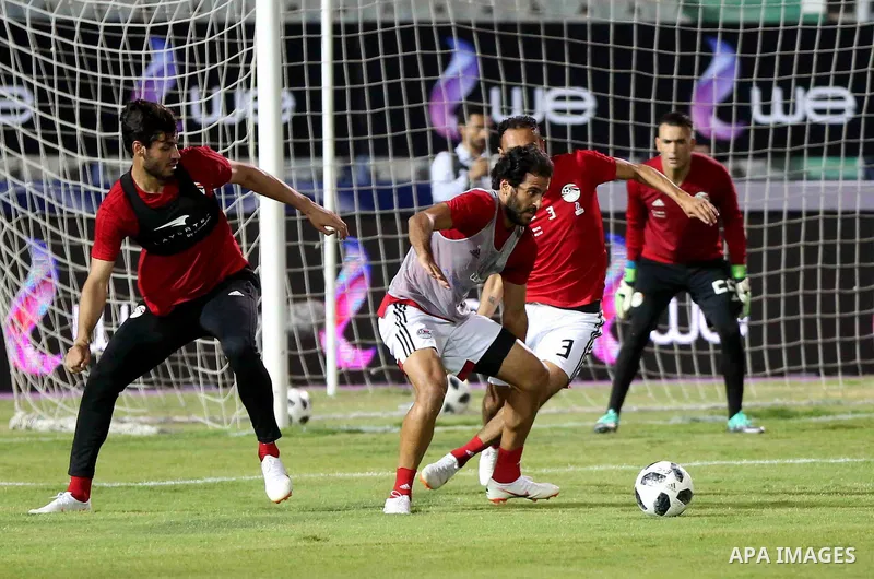 Egypt's national team football players participate the final training session before travelling to Russia to attend World Cup at Cairo international stadium in Cairo on June 9, 2018. Photo by Stringer