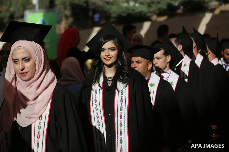 Palestinian students attend their graduation ceremony at the Birzeit University in the West Bank city of Ramallah, June 24, 2018. Photo by Shadi Hatem
