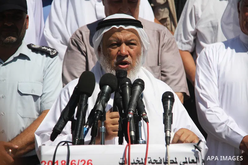 Marwan Abu Ras, a head of the Palestine Scholars Association speak during a conference marking the International Day against Drug Abuse, in Gaza City on June 26, 2018. Photo by Mahmoud Ajour