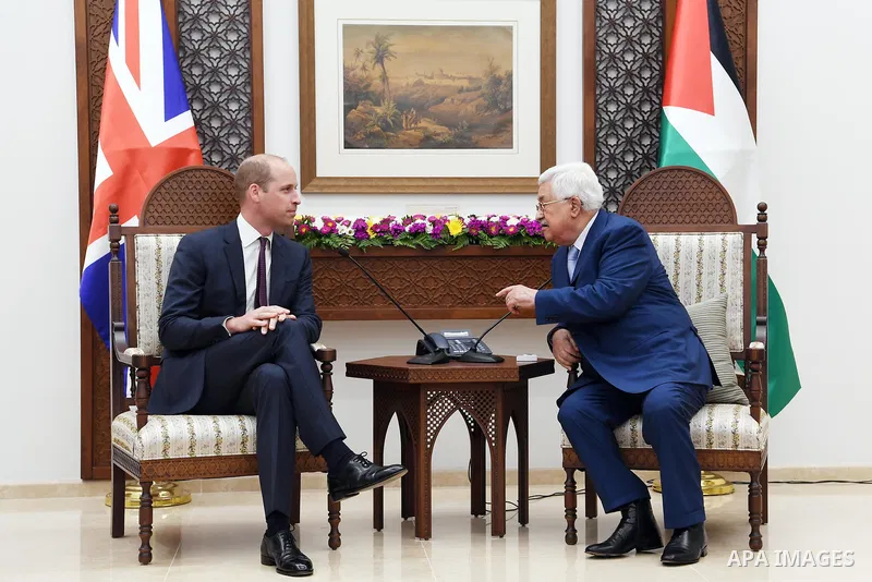 Palestinian President Mahmud Abbas meets with Britain's Prince William iin the West Bank city of Ramallah, on June 27, 2018. Photo by Thaer Ganaim
