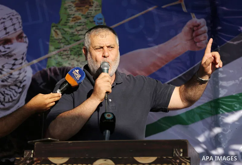 Khaled al-Batsh, senior leader of the Islamic Jihad movement, head of the supreme commission for the "Great Return March" speaks during clashes with Israeli troops in tents protest where Palestinian demand the right to r...