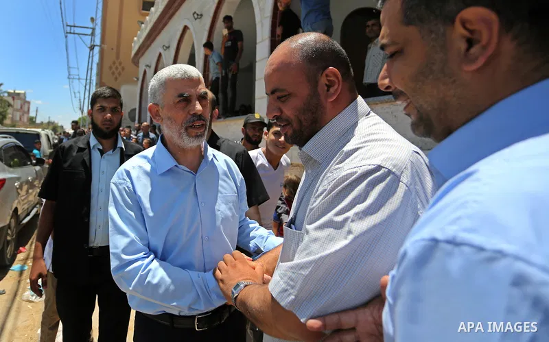 Hamas's leader in the Gaza Strip Yahya Sinwar participates in the funeral of 14-year-old Palestinian boy Yasser Abu Al-Naja, who was killed by Israeli troops during clashes in tents protest where Palestinian demand the r...