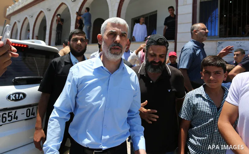 Hamas's leader in the Gaza Strip Yahya Sinwar participates in the funeral of 14-year-old Palestinian boy Yasser Abu Al-Naja, who was killed by Israeli troops during clashes in tents protest where Palestinian demand the r...