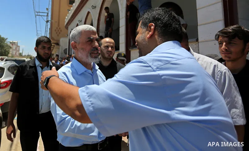 Hamas's leader in the Gaza Strip Yahya Sinwar participates in the funeral of 14-year-old Palestinian boy Yasser Abu Al-Naja, who was killed by Israeli troops during clashes in tents protest where Palestinian demand the r...