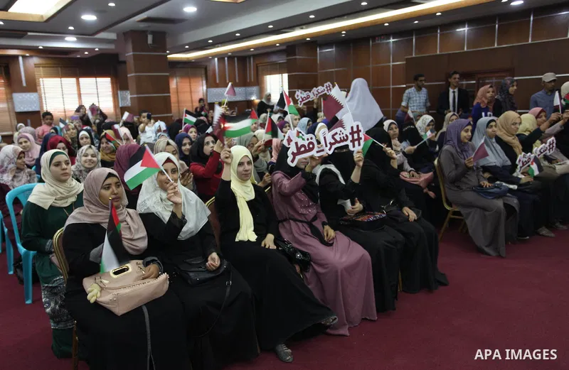 Qatar's Ambassador to the Palestinian Authority, Mohammed Al Emadi attends the ceremony of provide a grant to support the fees of Palestinian needy students at University College of Applied Sciences, in Gaza city on June...
