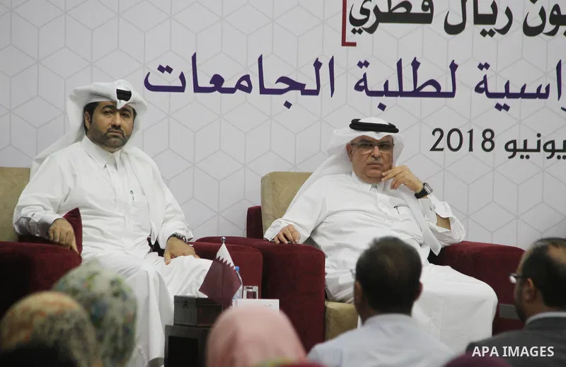 Qatar's Ambassador to the Palestinian Authority, Mohammed Al Emadi attends the ceremony of provide a grant to support the fees of Palestinian needy students at University College of Applied Sciences, in Gaza city on June...