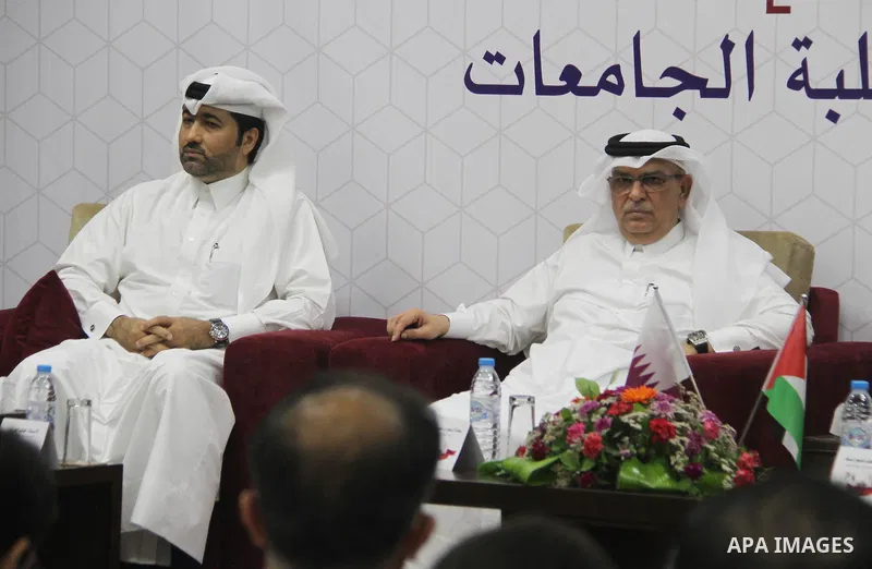 Qatar's Ambassador to the Palestinian Authority, Mohammed Al Emadi attends the ceremony of provide a grant to support the fees of Palestinian needy students at University College of Applied Sciences, in Gaza city on June...