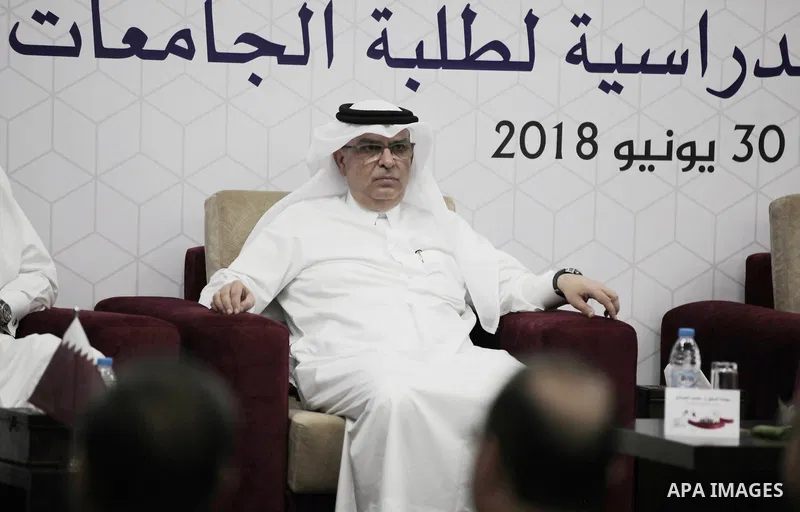 Qatar's Ambassador to the Palestinian Authority, Mohammed Al Emadi attends the ceremony of provide a grant to support the fees of Palestinian needy students at University College of Applied Sciences, in Gaza city on June...