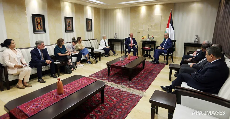 Palestinian Prime Minister Rami Hamdallah meets with Prime Minister of the Belgian province of Wallonia Rudy Demotte, in the West Bank city of Ramallah on July 3, 2018. Photo by Prime Minister Office