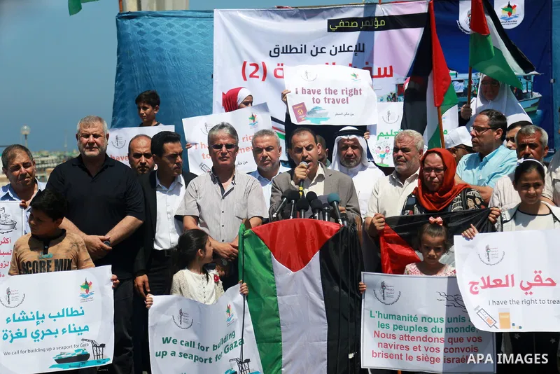 Palestinians take part in a rally to support with the "Freedom Flotilla 2", at the Seaport of Gaza City, on July 9, 2018. Photo by Abed Abu Ryash ​