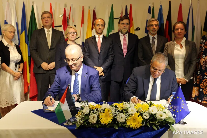 Palestinian Prime Minister, Rami Hamdallah, attends the launch of the European joint strategy to support Palestine for the years 2017-2022, in the West Bank city of Ramallah, on July 12, 2018. Photo by Prime Minister Off...
