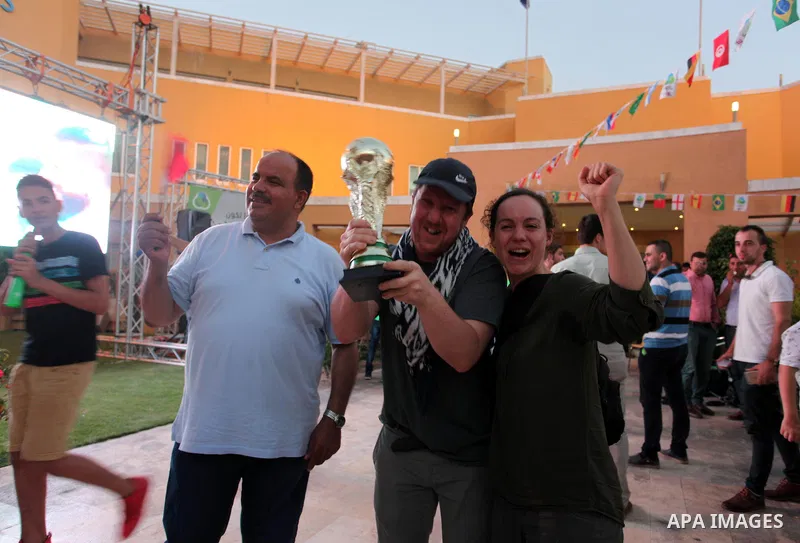 Palestinians celebrate after the 2018 FIFA World Cup final match between France and Croatia at the French Cultural Center in Gaza city, on July 15, 2018. France defeated Croatia 4-2 and claimed the title. Photo by Mahmou...