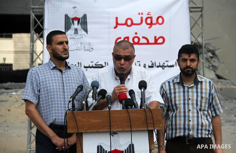 Director of Public Relations of the Ministry of Culture, Aref Bakr, speaks during a press conference, in Gaza city, on July 16, 2018. Photo by Mahmoud Ajour