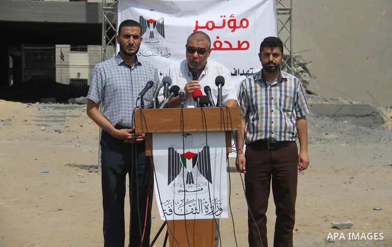 Director of Public Relations of the Ministry of Culture, Aref Bakr, speaks during a press conference, in Gaza city, on July 16, 2018. Photo by Mahmoud Ajour